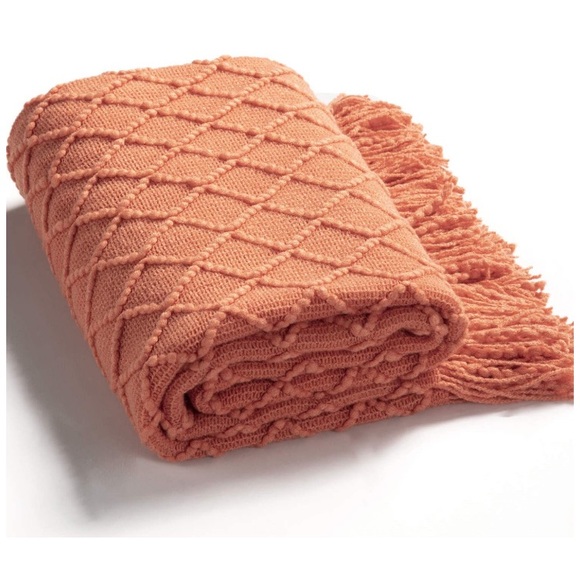 Orange/Coral Bohemian Tassel Knit Throw Cozy Fringe Patterned Farmhouse Blanket - Picture 5 of 16